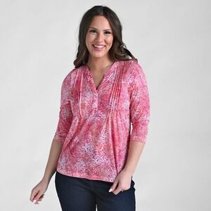 CJ Banks Womens 2X Pink Floral Print 3/4 Sleeve Button V Neck Top NWT $49